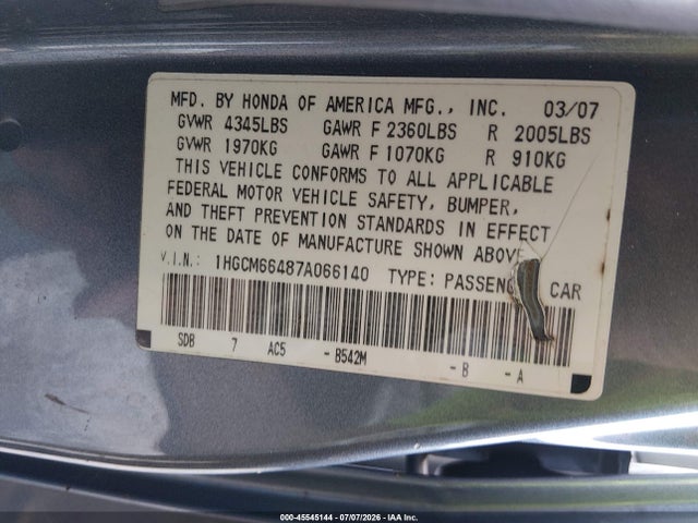 45545144 :رقم المزاد ، 1HGCM66487A066140 vin ، 2007 Honda Accord 3.0 Se مزاد بيع