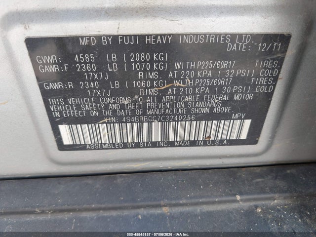 2012 Subaru Outback 2.5i Premium მანქანა იყიდება აუქციონზე, vin: 4S4BRBCC7C3240256, აუქციონის ნომერი: 45545157