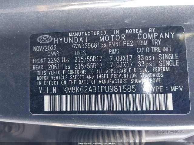 Aukcja sprzedaży 2023 Hyundai Kona Sel, vin: KM8K62AB1PU981585, numer aukcji: 45545162