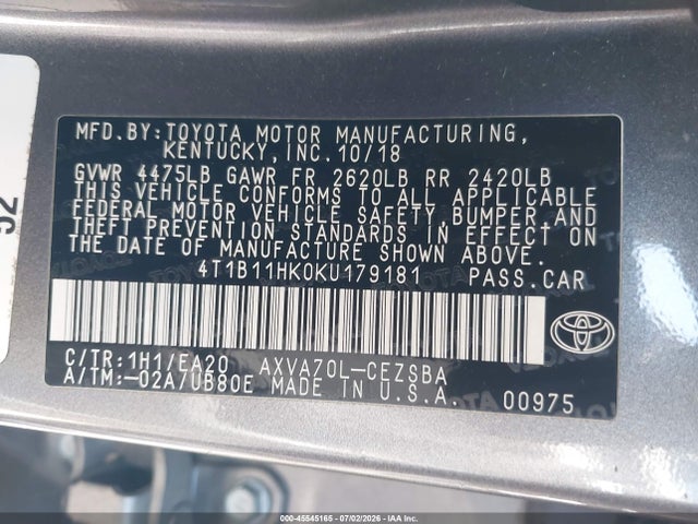 4T1B11HK0KU179181 Toyota CAMRY SE