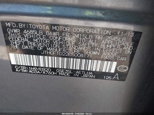 Продаж на аукціоні авто 2014 Lexus Is 250, vin: JTHCF1D22E5008171, номер лоту: 45545168
