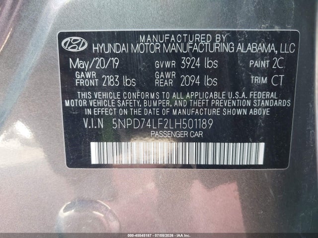 Aukcja sprzedaży 2020 Hyundai Elantra Se, vin: 5NPD74LF2LH501189, numer aukcji: 45545187