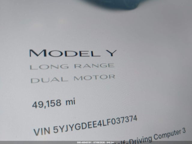 45545191 :رقم المزاد ، 5YJYGDEE4LF037374 vin ، 2020 Tesla Model Y Long Range Dual Motor All-wheel Drive مزاد بيع