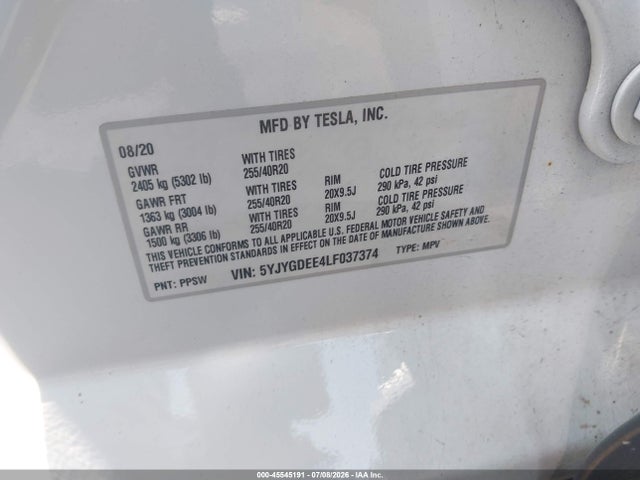 45545191 :رقم المزاد ، 5YJYGDEE4LF037374 vin ، 2020 Tesla Model Y Long Range Dual Motor All-wheel Drive مزاد بيع