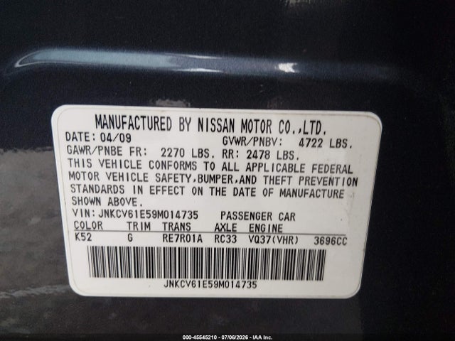 Продаж на аукціоні авто 2009 Infiniti G37 Journey, vin: JNKCV61E59M014735, номер лоту: 45545210