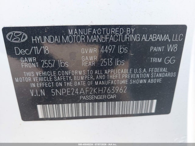 Продаж на аукціоні авто 2019 Hyundai Sonata Se, vin: 5NPE24AF2KH763962, номер лоту: 45545224