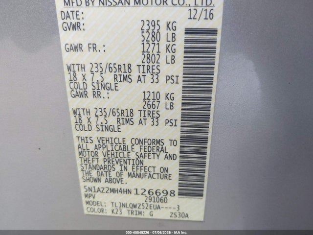 5N1AZ2MH4HN126698 Nissan MURANO SV