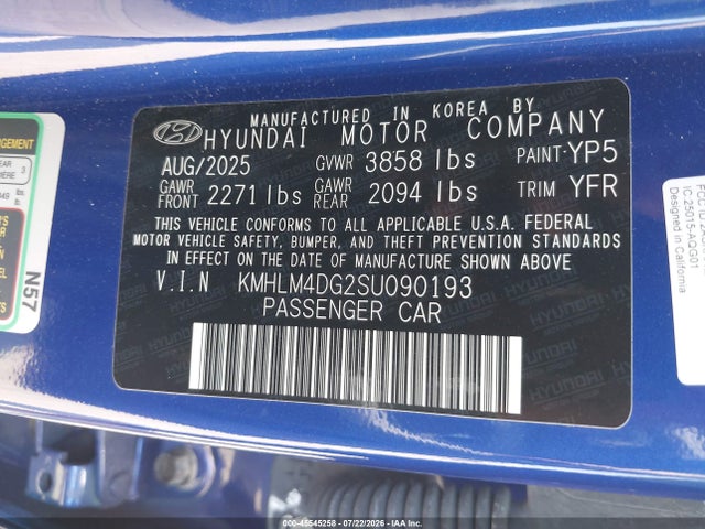 45545258 :رقم المزاد ، KMHLM4DG2SU090193 vin ، 2025 Hyundai Elantra Sel Sport مزاد بيع