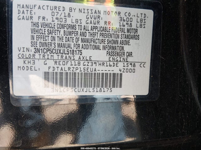 45545275 :رقم المزاد ، 3N1CP5CUXJL518175 vin ، 2018 Nissan Kicks S مزاد بيع