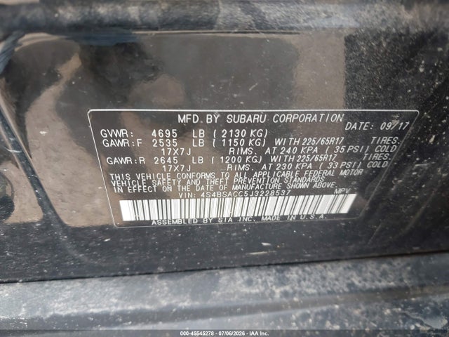 Продажа на аукционе авто 2018 Subaru Outback 2.5i Premium, vin: 4S4BSACC5J3228537, номер лота: 45545278