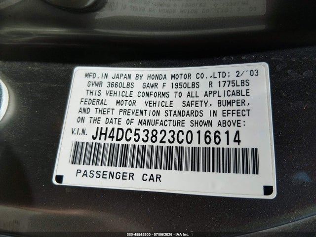 45545300 :رقم المزاد ، JH4DC53823C016614 vin ، 2003 Acura Rsx مزاد بيع