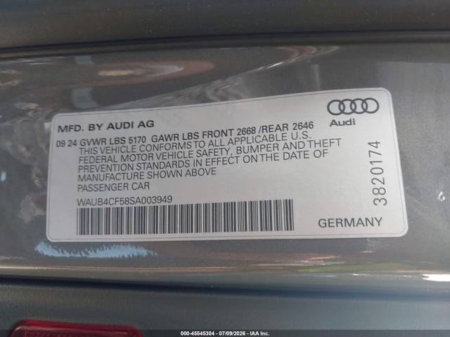 45545304 :رقم المزاد ، WAUB4CF58SA003949 vin ، 2025 Audi S5 Sportback Premium Tfsi Quattro Tiptronic مزاد بيع