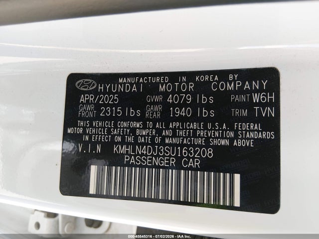 Продаж на аукціоні авто 2025 Hyundai Elantra Hybrid Limited, vin: KMHLN4DJ3SU163208, номер лоту: 45545316