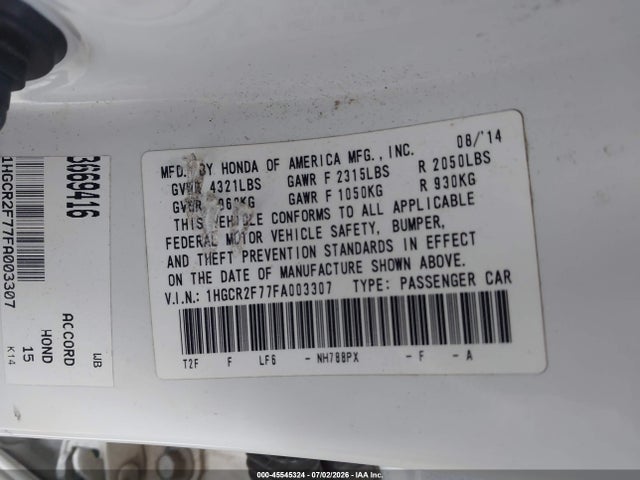 Honda ACCORD EX 2015 1HGCR2F77FA003307 Image 9