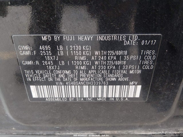 Subaru Outback 2.5i Limited 2017 4S4BSANC0H3339763 Image 9