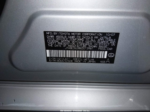 45545342 :رقم المزاد ، JTHBE262882013981 vin ، 2008 Lexus Is 350 مزاد بيع