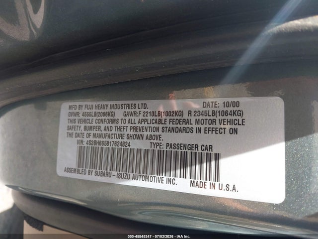 Продаж на аукціоні авто 2001 Subaru Outback, vin: 4S3BH665817624824, номер лоту: 45545347