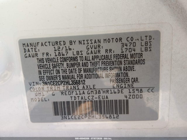 3N1CE2CP2HL356812 Nissan Versa Note S Plus