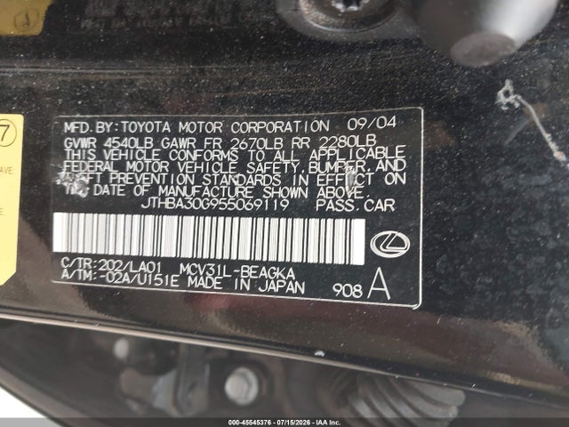Aukcja sprzedaży 2005 Lexus Es 330, vin: JTHBA30G955069119, numer aukcji: 45545376