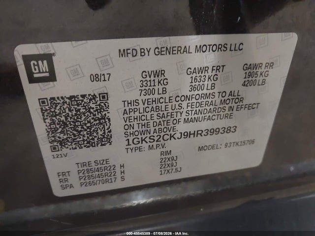 2017 Gmc Yukon Denali მანქანა იყიდება აუქციონზე, vin: 1GKS2CKJ9HR399383, აუქციონის ნომერი: 45545389