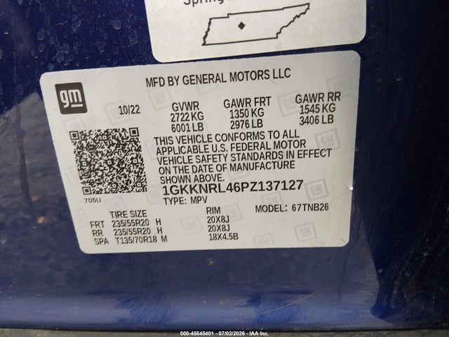 45545401 :رقم المزاد ، 1GKKNRL46PZ137127 vin ، 2023 Gmc Acadia Awd Sle مزاد بيع