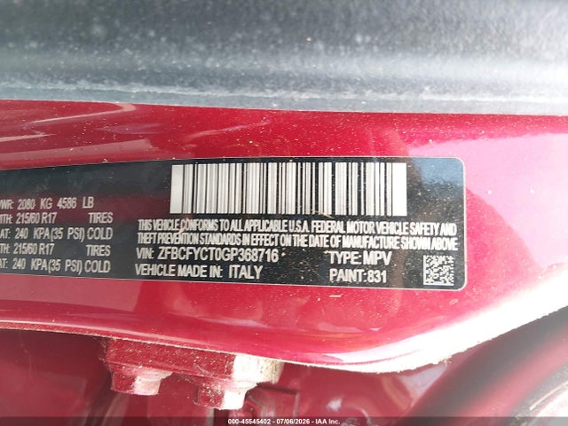 45545402 :رقم المزاد ، ZFBCFYCT0GP368716 vin ، 2016 Fiat 500x Trekking مزاد بيع