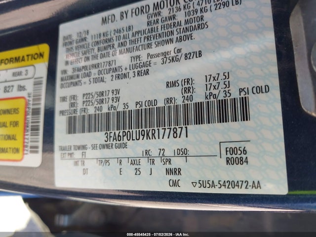 Ford Fusion Hybrid Se 2019 3FA6P0LU9KR177871 Image 9