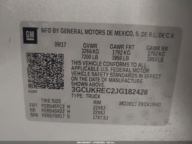 2018 Chevrolet Silverado 1500 2lt მანქანა იყიდება აუქციონზე, vin: 3GCUKREC2JG182428, აუქციონის ნომერი: 45545477