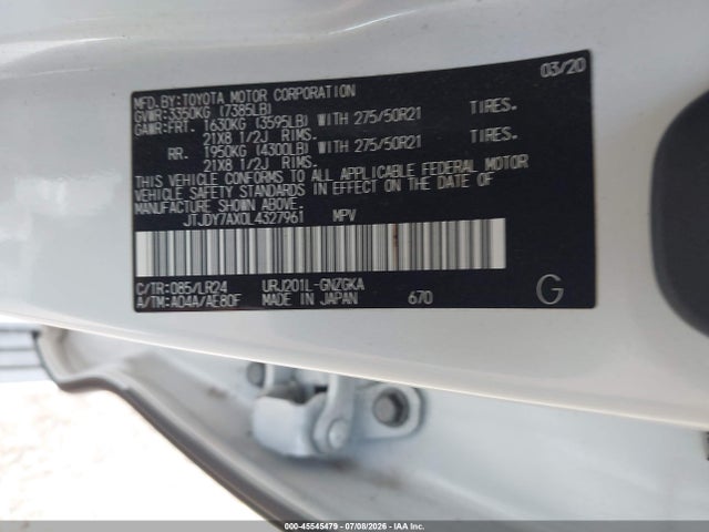 45545479 :رقم المزاد ، JTJDY7AX0L4327961 vin ، 2020 Lexus Lx 570 Three-row مزاد بيع