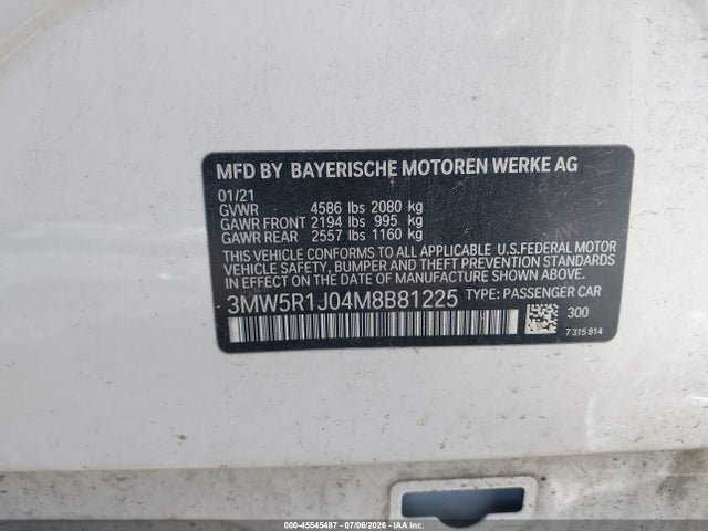 45545487 :رقم المزاد ، 3MW5R1J04M8B81225 vin ، 2021 Bmw 330i مزاد بيع