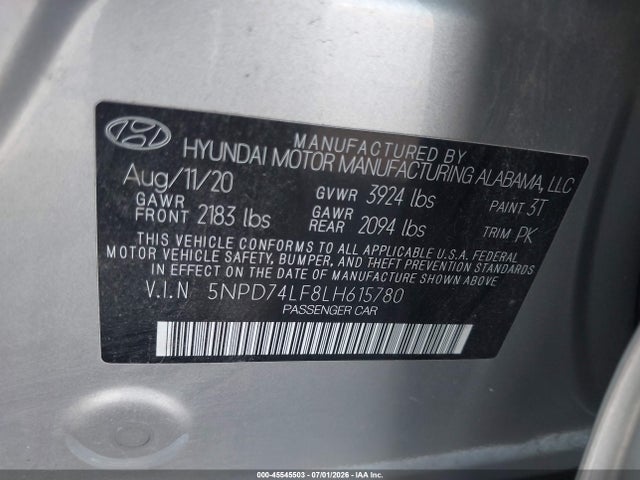 5NPD74LF8LH615780 Hyundai ELANTRA SE