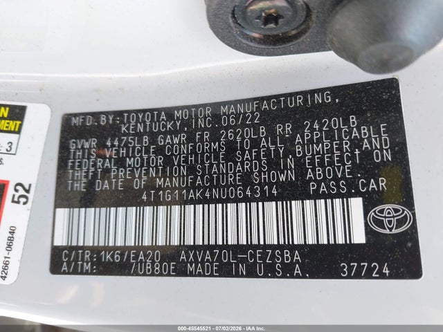4T1G11AK4NU064314 Toyota CAMRY SE