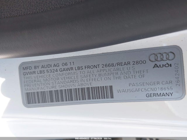 Auction sale of the 2012 Audi A7 3.0 Prestige, vin: WAUSGAFC5CN018655, lot number: 45545522