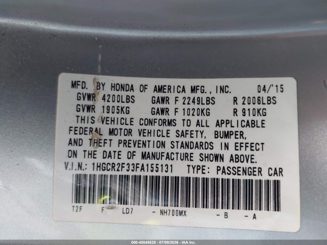 Honda ACCORD LX 2015 1HGCR2F33FA155131 Image 9