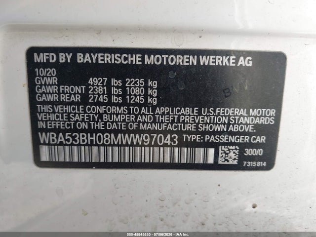 Aukcja sprzedaży 2021 Bmw 530i, vin: WBA53BH08MWW97043, numer aukcji: 45545530