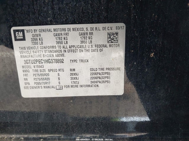 45545531 :رقم المزاد ، 3GTU2PEC1HG378892 vin ، 2017 Gmc Sierra 1500 Denali مزاد بيع