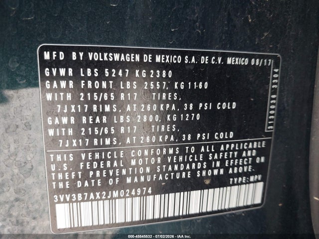 45545532 :رقم المزاد ، 3VV3B7AX2JM024974 vin ، 2018 Volkswagen Tiguan 2.0t Se/2.0t Sel مزاد بيع