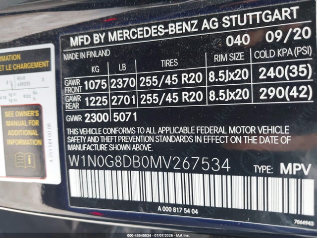 Aukcja sprzedaży 2021 Mercedes-benz Glc 300 Suv, vin: W1N0G8DB0MV267534, numer aukcji: 45545534