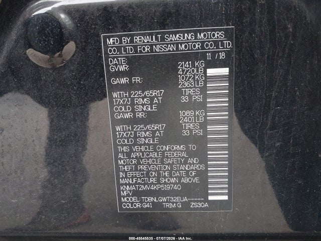 Aukcja sprzedaży 2019 Nissan Rogue Sv, vin: KNMAT2MV4KP519740, numer aukcji: 45545535