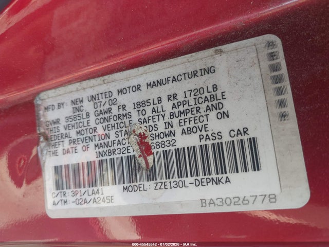 Aukcja sprzedaży 2003 Toyota Corolla Le, vin: 1NXBR32E73Z068832, numer aukcji: 45545542