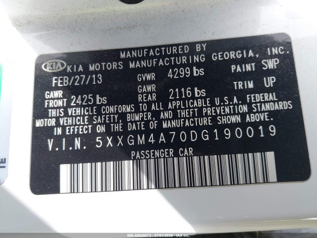 Auction sale of the 2013 Kia Optima Lx, vin: 5XXGM4A70DG190019, lot number: 45545573