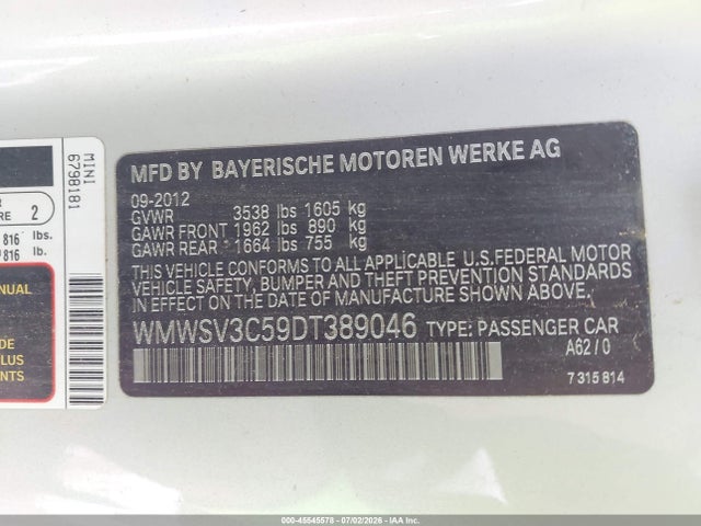 Продажа на аукционе авто 2013 Mini Hardtop Cooper S, vin: WMWSV3C59DT389046, номер лота: 45545578