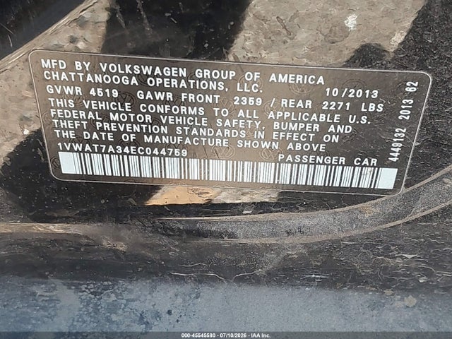 Продажа на аукционе авто 2014 Volkswagen Passat 1.8t S/1.8t Wolfsburg Edition, vin: 1VWAT7A34EC044759, номер лота: 45545580
