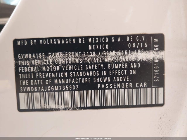 45545584 :رقم المزاد ، 3VWD67AJXGM235932 vin ، 2016 Volkswagen Jetta 1.4t Se مزاد بيع