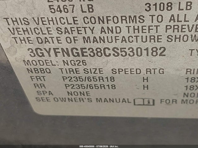 45545588 :رقم المزاد ، 3GYFNGE38CS530182 vin ، 2012 Cadillac Srx Standard مزاد بيع