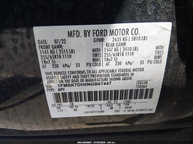 Aukcja sprzedaży 2022 Ford Explorer Xlt, vin: 1FMSK7DH0NGB67447, numer aukcji: 45545601