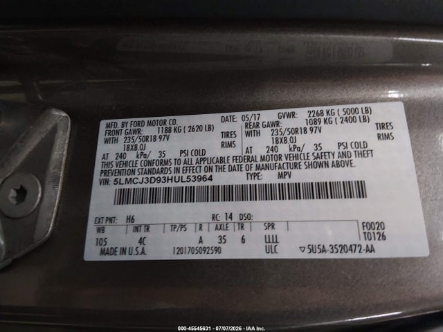 Продаж на аукціоні авто 2017 Lincoln Mkc Reserve, vin: 5LMCJ3D93HUL53964, номер лоту: 45545631