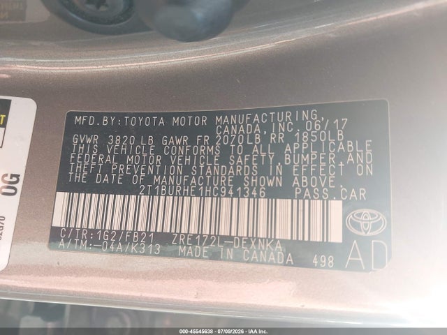 2017 Toyota Corolla Le მანქანა იყიდება აუქციონზე, vin: 2T1BURHE1HC941346, აუქციონის ნომერი: 45545638