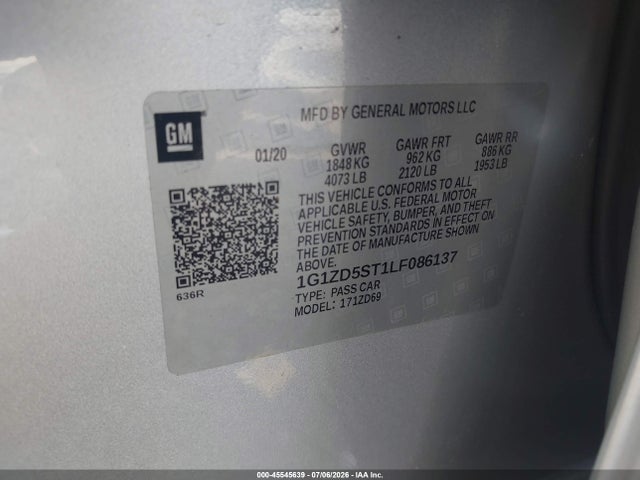 Продажа на аукционе авто 2020 Chevrolet Malibu Fwd Lt, vin: 1G1ZD5ST1LF086137, номер лота: 45545639