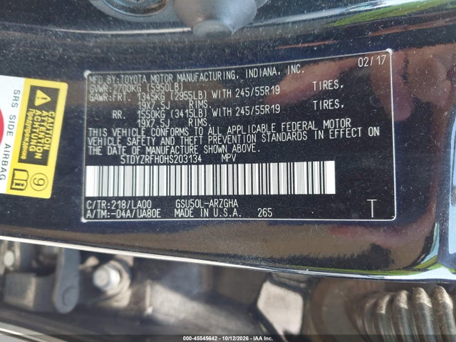 Aukcja sprzedaży 2017 Toyota Highlander Limited, vin: 5TDYZRFH0HS203134, numer aukcji: 45545642